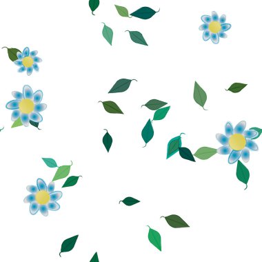 Serbest kompozisyonda yeşil yapraklı basit çiçekler, vektör illüstrasyonu