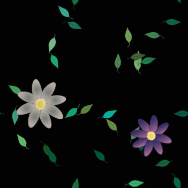 Serbest kompozisyonda yeşil yapraklı basit çiçekler, vektör illüstrasyonu