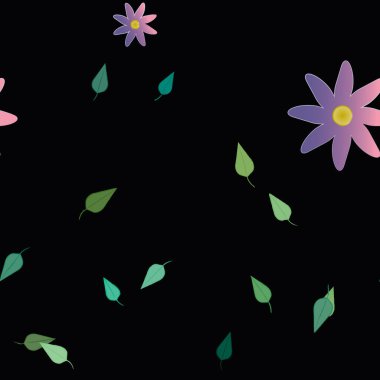 Serbest kompozisyonda yeşil yapraklı basit çiçekler, vektör illüstrasyonu