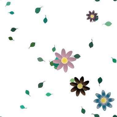 Serbest kompozisyonda yeşil yapraklı basit çiçekler, vektör illüstrasyonu