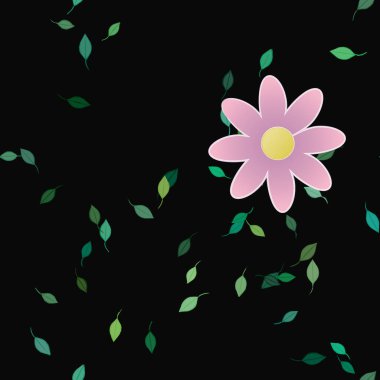 Serbest kompozisyonda yeşil yapraklı basit çiçekler, vektör illüstrasyonu