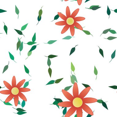 Serbest kompozisyonda yeşil yapraklı basit çiçekler, vektör illüstrasyonu