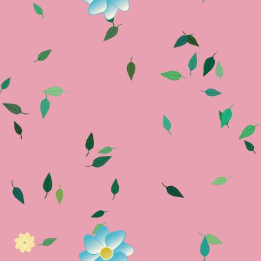 Serbest kompozisyonda yeşil yapraklı basit çiçekler, vektör illüstrasyonu