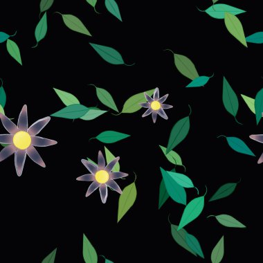 Serbest kompozisyonda yeşil yapraklı basit çiçekler, vektör illüstrasyonu