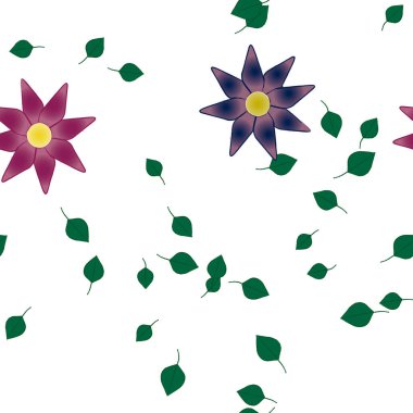 Serbest kompozisyonda yeşil yapraklı basit çiçekler, vektör illüstrasyonu