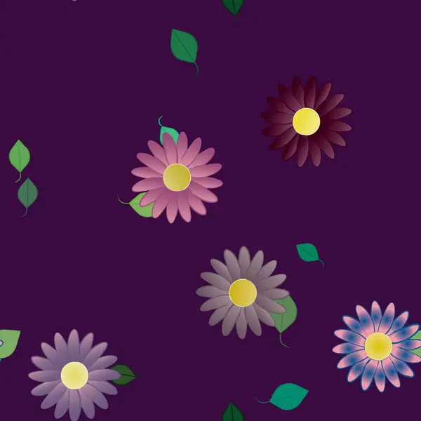 Flores Simples Con Hojas Verdes Composición Libre Ilustración Vectorial — Vector de stock