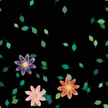 Serbest kompozisyonda yeşil yapraklı basit çiçekler, vektör illüstrasyonu