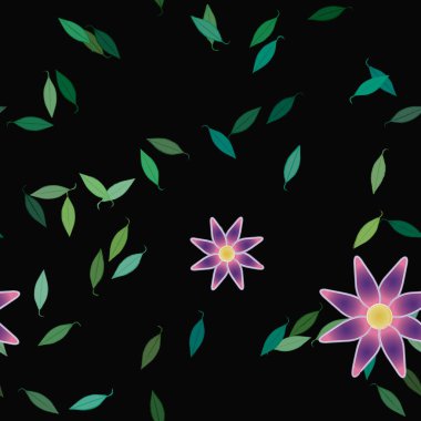 Serbest kompozisyonda yeşil yapraklı basit çiçekler, vektör illüstrasyonu