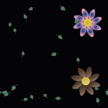 Serbest kompozisyonda yeşil yapraklı basit çiçekler, vektör illüstrasyonu