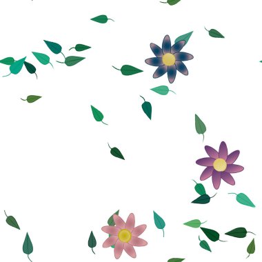 Serbest kompozisyonda yeşil yapraklı basit çiçekler, vektör illüstrasyonu