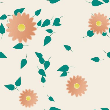 Serbest kompozisyonda yeşil yapraklı basit çiçekler, vektör illüstrasyonu