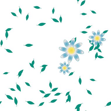 Serbest kompozisyonda yeşil yapraklı basit çiçekler, vektör illüstrasyonu