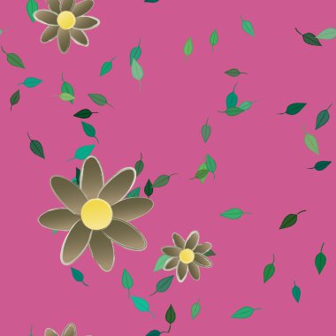 Serbest kompozisyonda yeşil yapraklı basit çiçekler, vektör illüstrasyonu