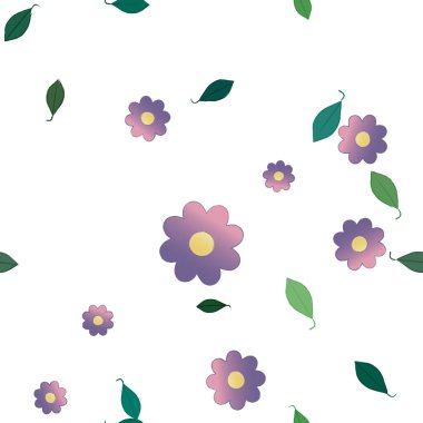 Serbest kompozisyonda yeşil yapraklı basit çiçekler, vektör illüstrasyonu