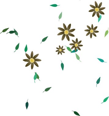 Serbest kompozisyonda yeşil yapraklı basit çiçekler, vektör illüstrasyonu