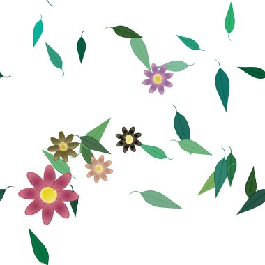 Serbest kompozisyonda yeşil yapraklı basit çiçekler, vektör illüstrasyonu