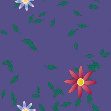 Serbest kompozisyonda yeşil yapraklı basit çiçekler, vektör illüstrasyonu