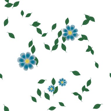 Serbest kompozisyonda yeşil yapraklı basit çiçekler, vektör illüstrasyonu