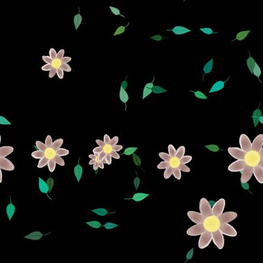 Serbest kompozisyonda yeşil yapraklı basit çiçekler, vektör illüstrasyonu