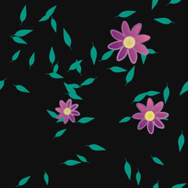 Serbest kompozisyonda yeşil yapraklı basit çiçekler, vektör illüstrasyonu