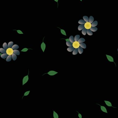 Serbest kompozisyonda yeşil yapraklı basit çiçekler, vektör illüstrasyonu