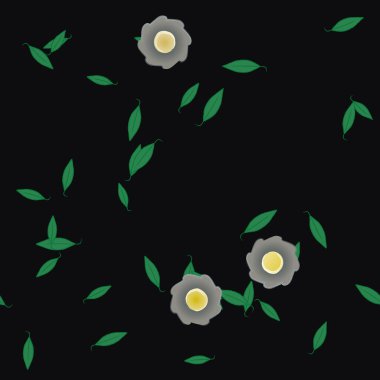 Serbest kompozisyonda yeşil yapraklı basit çiçekler, vektör illüstrasyonu