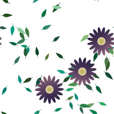 Serbest kompozisyonda yeşil yapraklı basit çiçekler, vektör illüstrasyonu