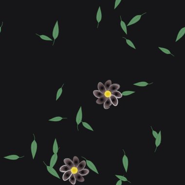 Serbest kompozisyonda yeşil yapraklı basit çiçekler, vektör illüstrasyonu