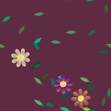 Serbest kompozisyonda yeşil yapraklı basit çiçekler, vektör illüstrasyonu