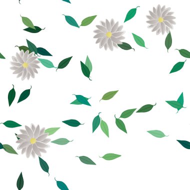 Serbest kompozisyonda yeşil yapraklı basit çiçekler, vektör illüstrasyonu