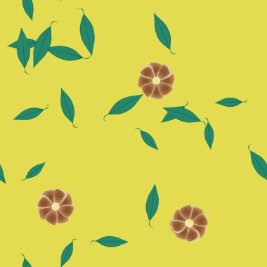 Serbest kompozisyonda yeşil yapraklı basit çiçekler, vektör illüstrasyonu