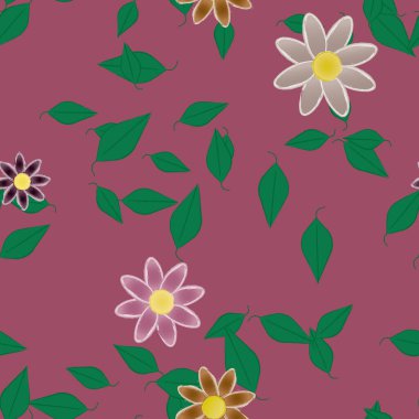 Serbest kompozisyonda yeşil yapraklı basit çiçekler, vektör illüstrasyonu