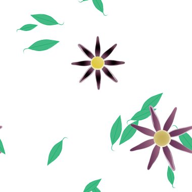 Serbest kompozisyonda yeşil yapraklı basit çiçekler, vektör illüstrasyonu