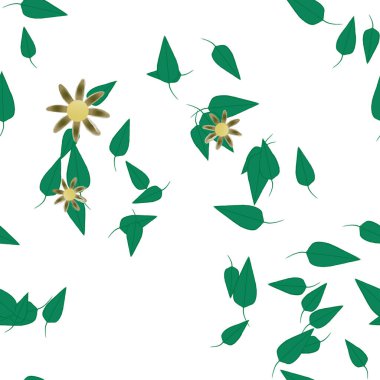 Serbest kompozisyonda yeşil yapraklı basit çiçekler, vektör illüstrasyonu