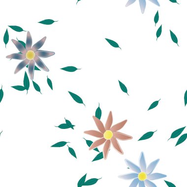 Serbest kompozisyonda yeşil yapraklı basit çiçekler, vektör illüstrasyonu