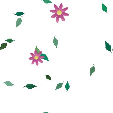 Serbest kompozisyonda yeşil yapraklı basit çiçekler, vektör illüstrasyonu