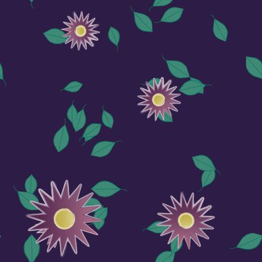 Serbest kompozisyonda yeşil yapraklı basit çiçekler, vektör illüstrasyonu