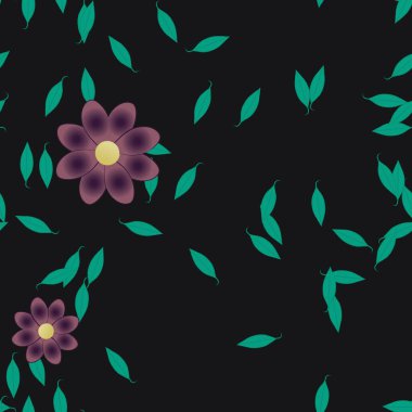 Serbest kompozisyonda yeşil yapraklı basit çiçekler, vektör illüstrasyonu