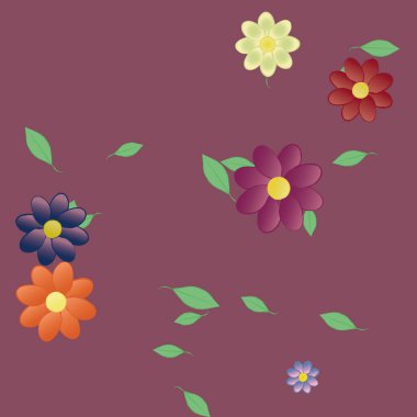 Serbest kompozisyonda yeşil yapraklı basit çiçekler, vektör illüstrasyonu