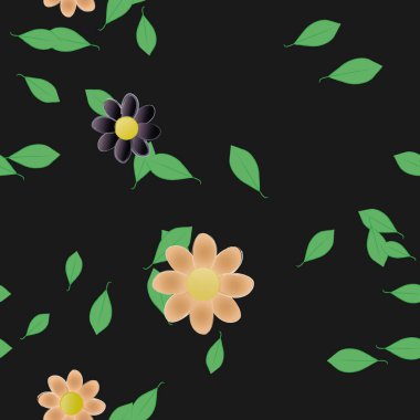 Serbest kompozisyonda yeşil yapraklı basit çiçekler, vektör illüstrasyonu