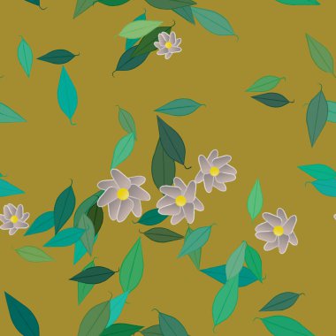 Serbest kompozisyonda yeşil yapraklı basit çiçekler, vektör illüstrasyonu