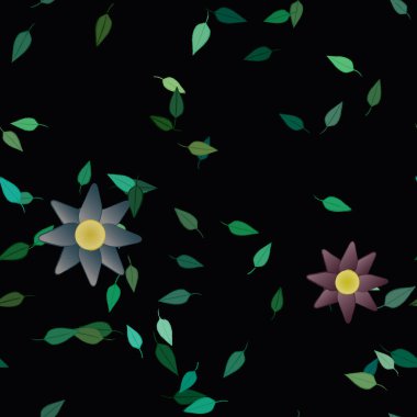 Serbest kompozisyonda yeşil yapraklı basit çiçekler, vektör illüstrasyonu