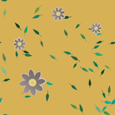 Serbest kompozisyonda yeşil yapraklı basit çiçekler, vektör illüstrasyonu