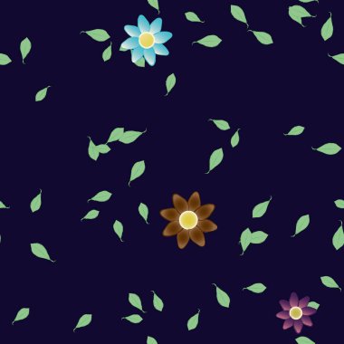 Serbest kompozisyonda yeşil yapraklı basit çiçekler, vektör illüstrasyonu