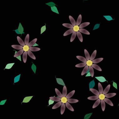 Serbest kompozisyonda yeşil yapraklı basit çiçekler, vektör illüstrasyonu