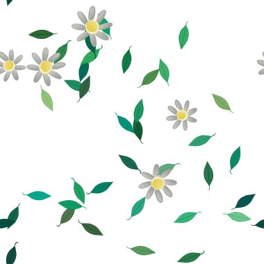 Serbest kompozisyonda yeşil yapraklı basit çiçekler, vektör illüstrasyonu