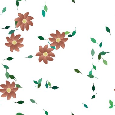 Serbest kompozisyonda yeşil yapraklı basit çiçekler, vektör illüstrasyonu