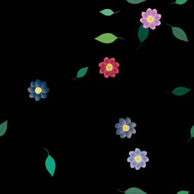 Serbest kompozisyonda yeşil yapraklı basit çiçekler, vektör illüstrasyonu