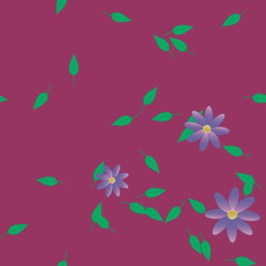 Serbest kompozisyonda yeşil yapraklı basit çiçekler, vektör illüstrasyonu