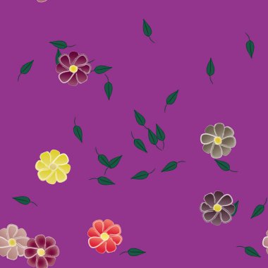 Serbest kompozisyonda yeşil yapraklı basit çiçekler, vektör illüstrasyonu